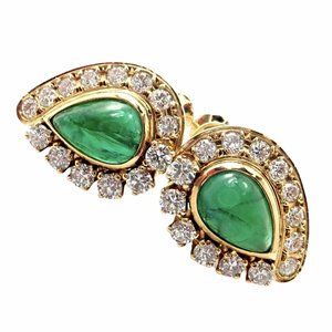Authentic! Mikimoto 18k Yellow Gold Diamond Teardrop Emerald Screw Back Earrings